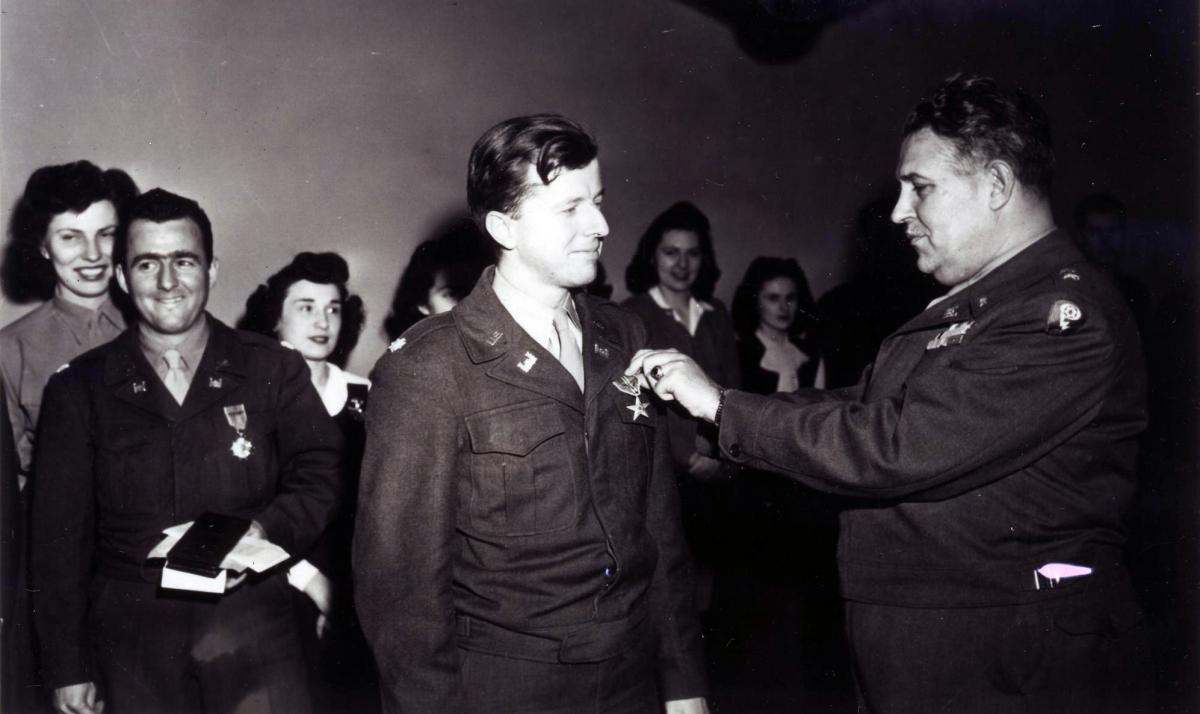 Furman receiving the Legion of Merit from General Leslie Groves in 1945. Photo courtesy of the Patricia Cox Owen Collection.